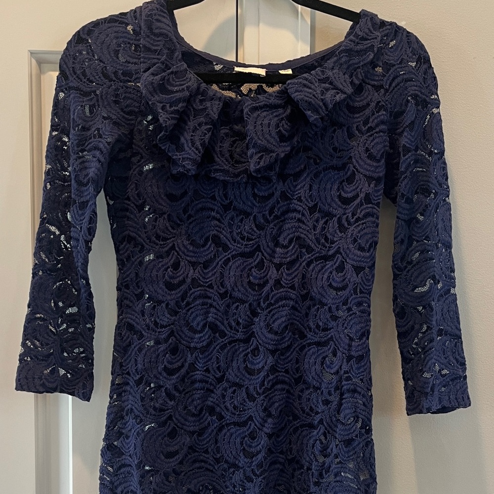 Anthropologie Navy Lace Ruffle Neck 3/4 Sleeve Top